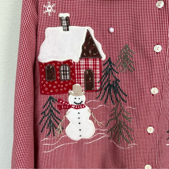 Karen Scott Red Gingham Check Christmas Holiday Snowman Button Up Top L - Picture 4 of 8